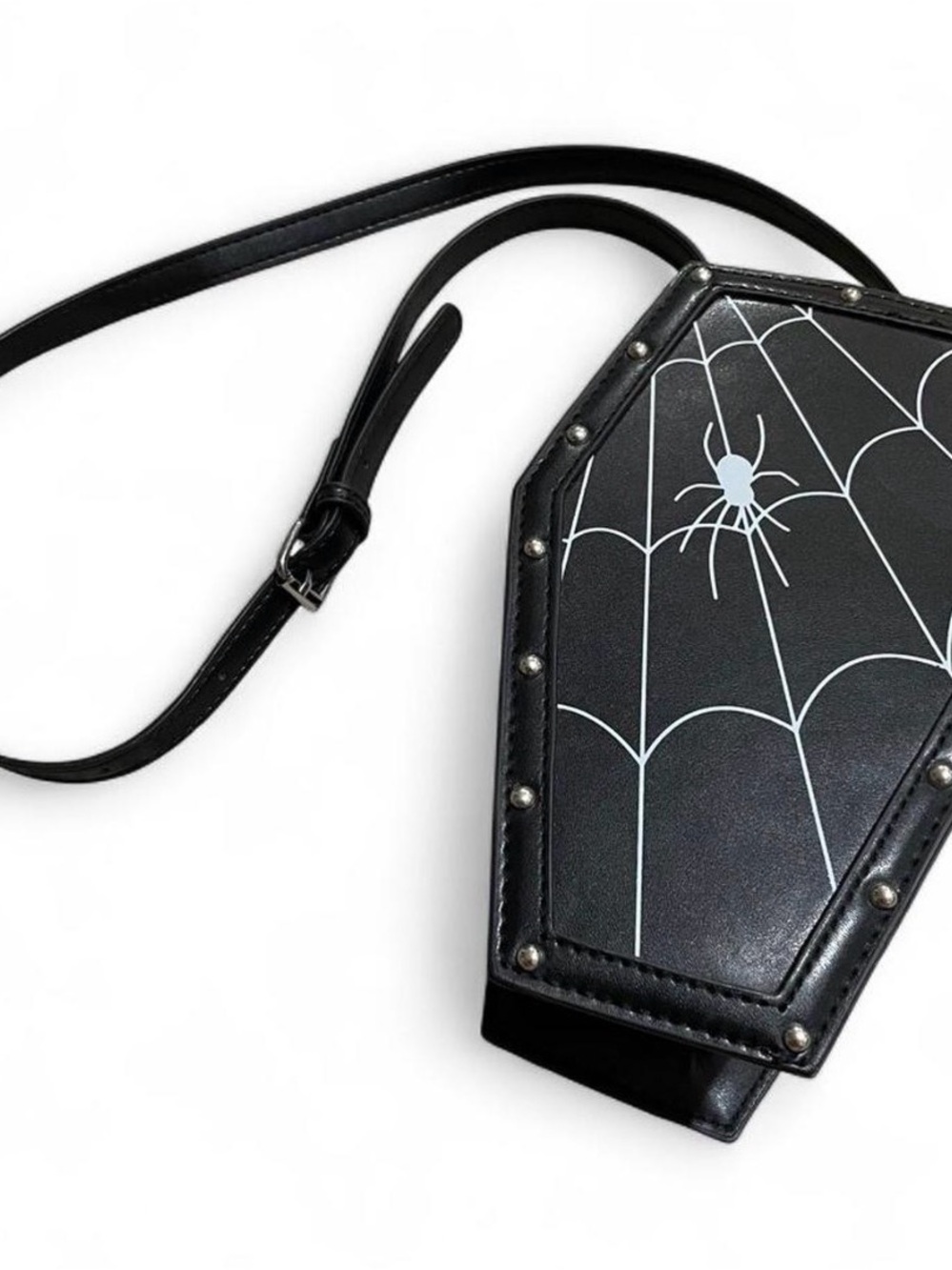 Black Coffin Crossbody Bag with Spiderweb Print